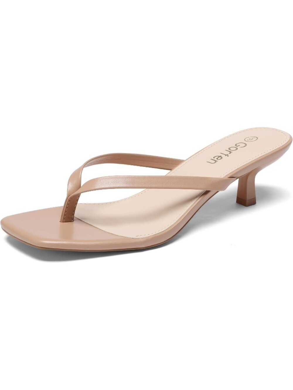 Women Nude Solid Open Square-Toe Slip-On Thong Flip-Flop Kitten Heeled Sandal